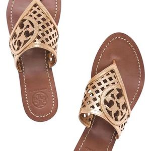 Tory Burch Gold Perforated Logo Thatched Sandal